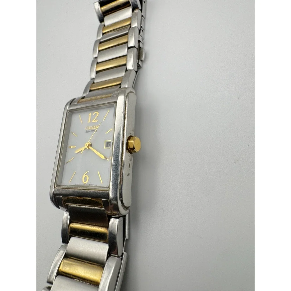 Citizen Eco-Drive Mens Watch  Rectangular Two Tone White Dial Date Working READ